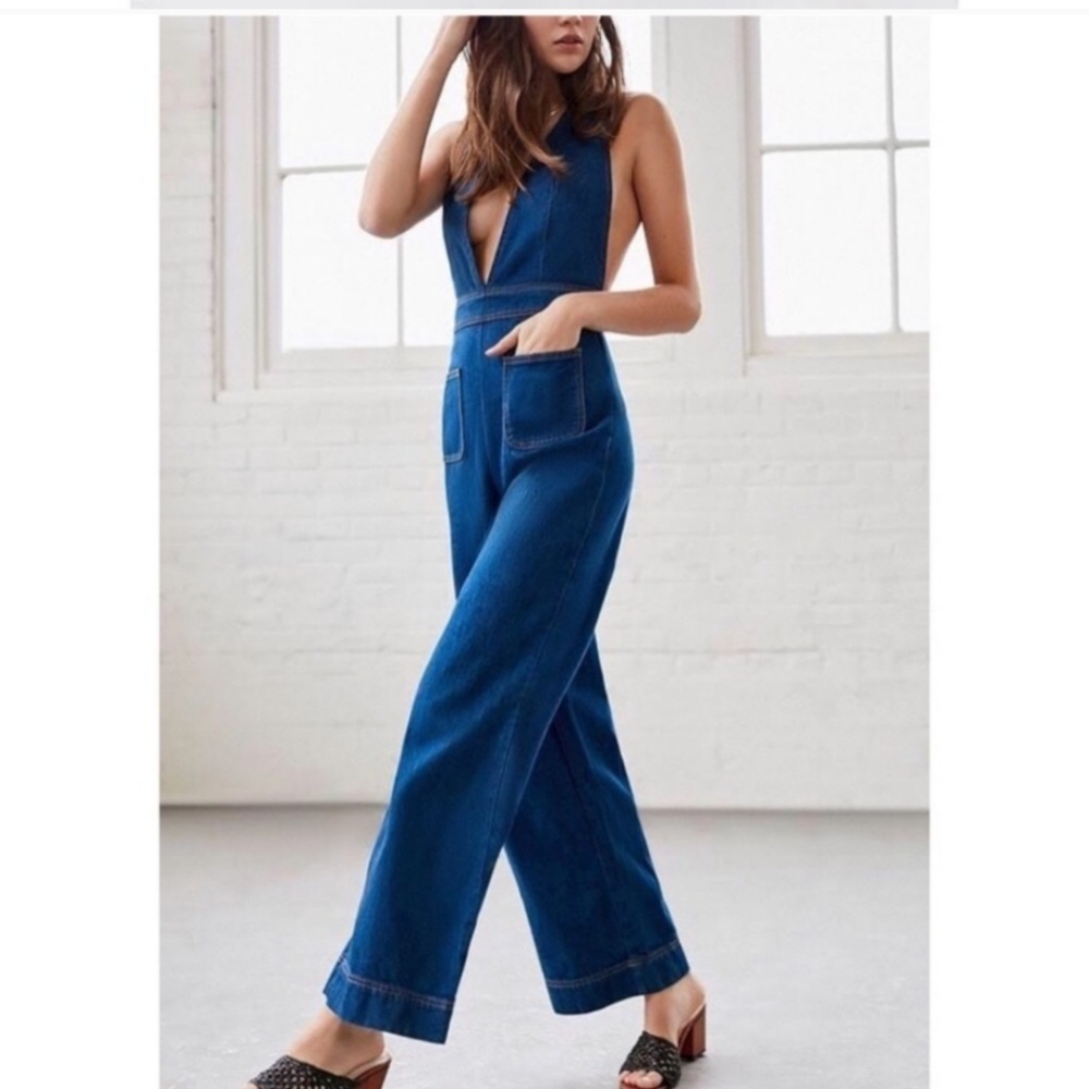 BDG UO Eleanor Plunging Jumpsuit Denim Overalls